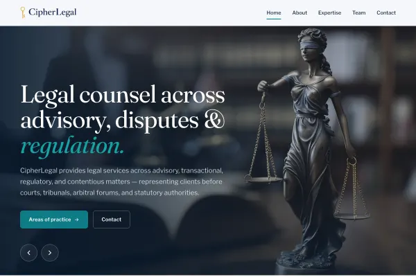 CipherLegal — Full-service New Delhi law firm — practice-area pages spanning white-collar defence, banking & finance, commercial litigation, insolvency, and regulatory work.