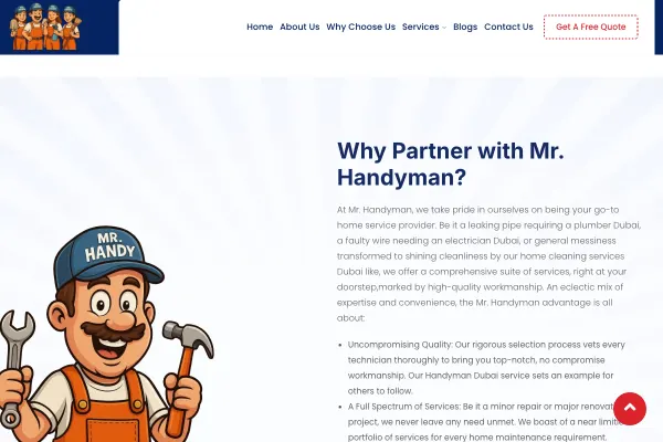 MrHandy.AE — Dubai home-services platform — cleaning, plumbing, electrical, AC, carpentry and painting with online booking, quote forms, and maintenance plans.