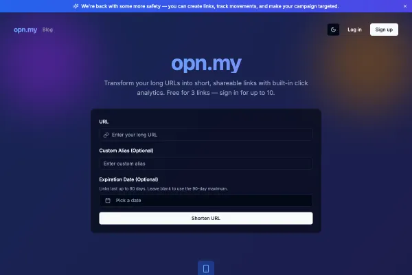 opn.my — Free URL shortener with click analytics, custom aliases, link expiry, and smart app links that route each visitor to the App Store or Google Play by device.